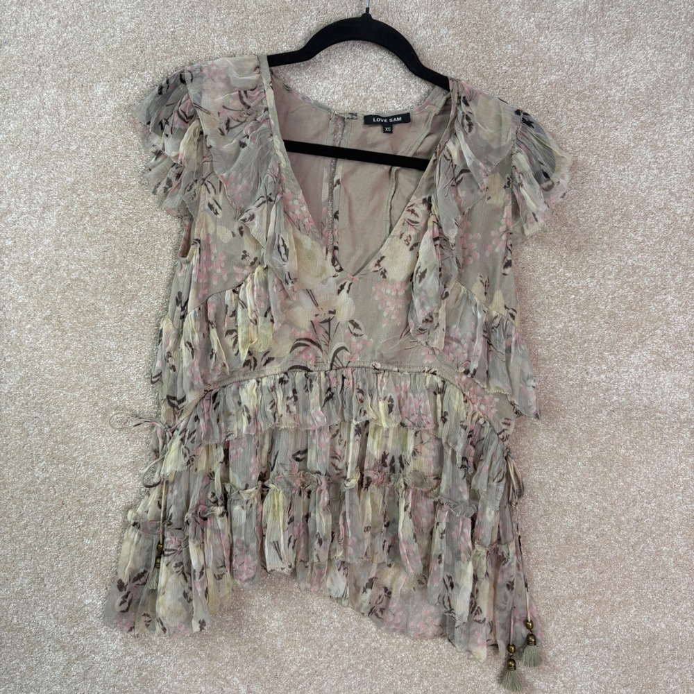 LOVE SAM Chiffon Ruffle Top Womens XS Floral Boho Feminine Romantic Whimsy